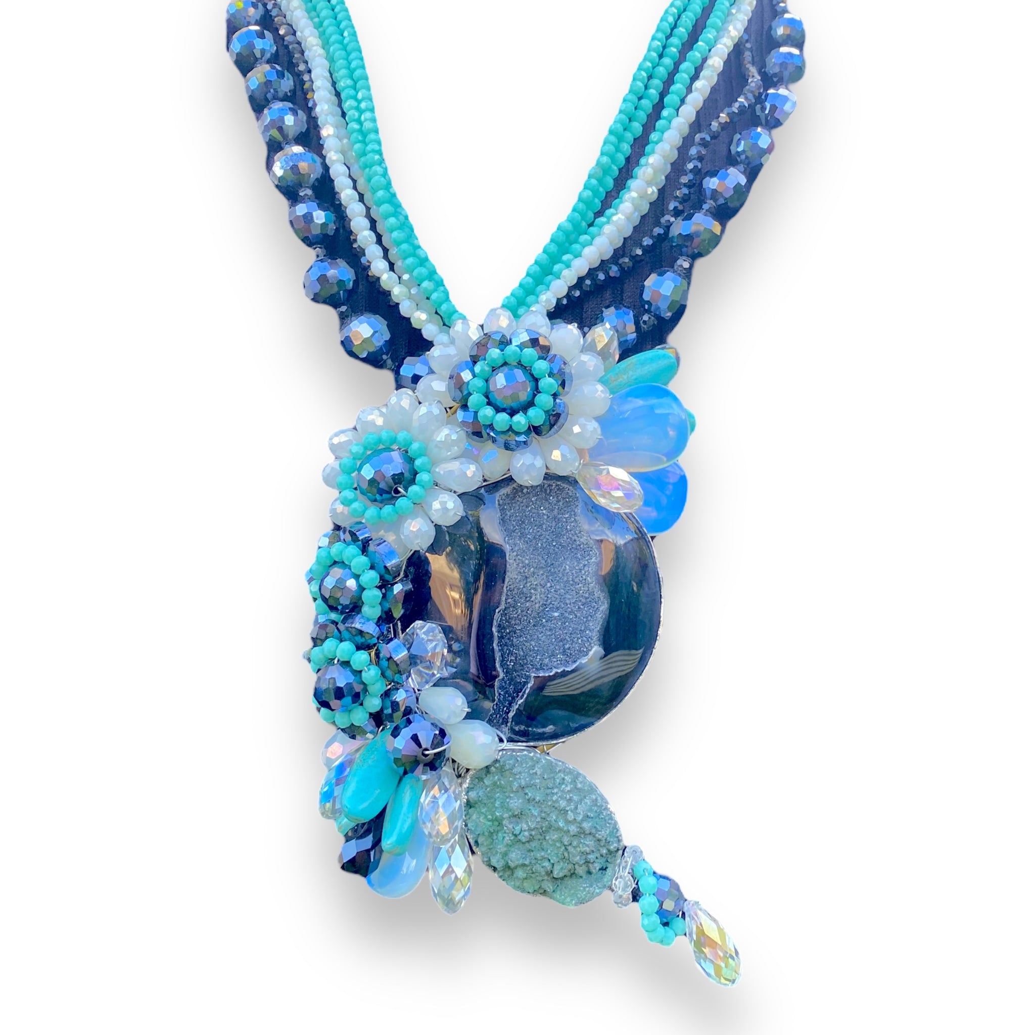 Handmade Matinee 21" Necklace Aqua Blue Exceptional Single Slice Gem Layered Choker