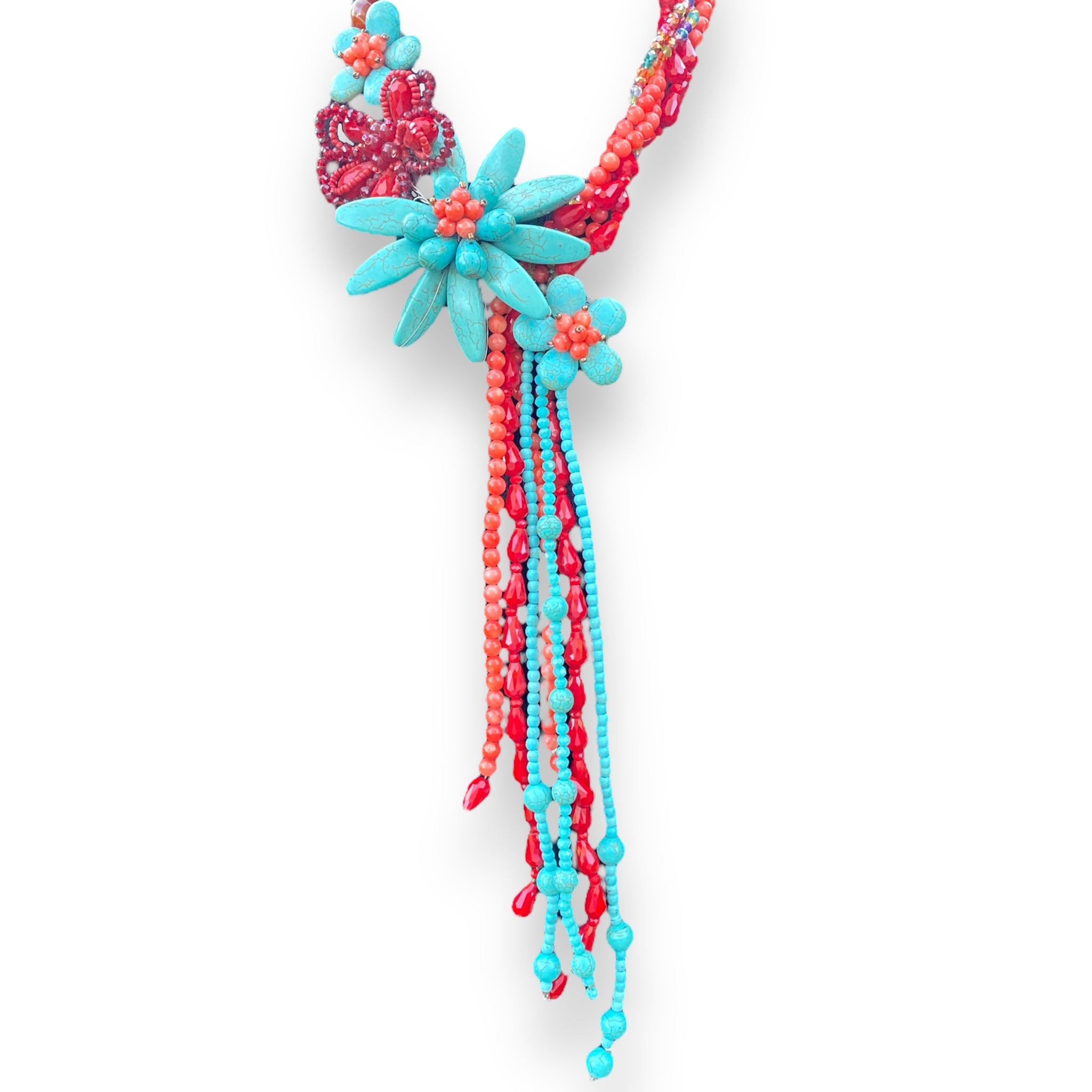 Handmade Tassel Necklace Beads 21" Turquoise Coral Artsy Choker Jewelry