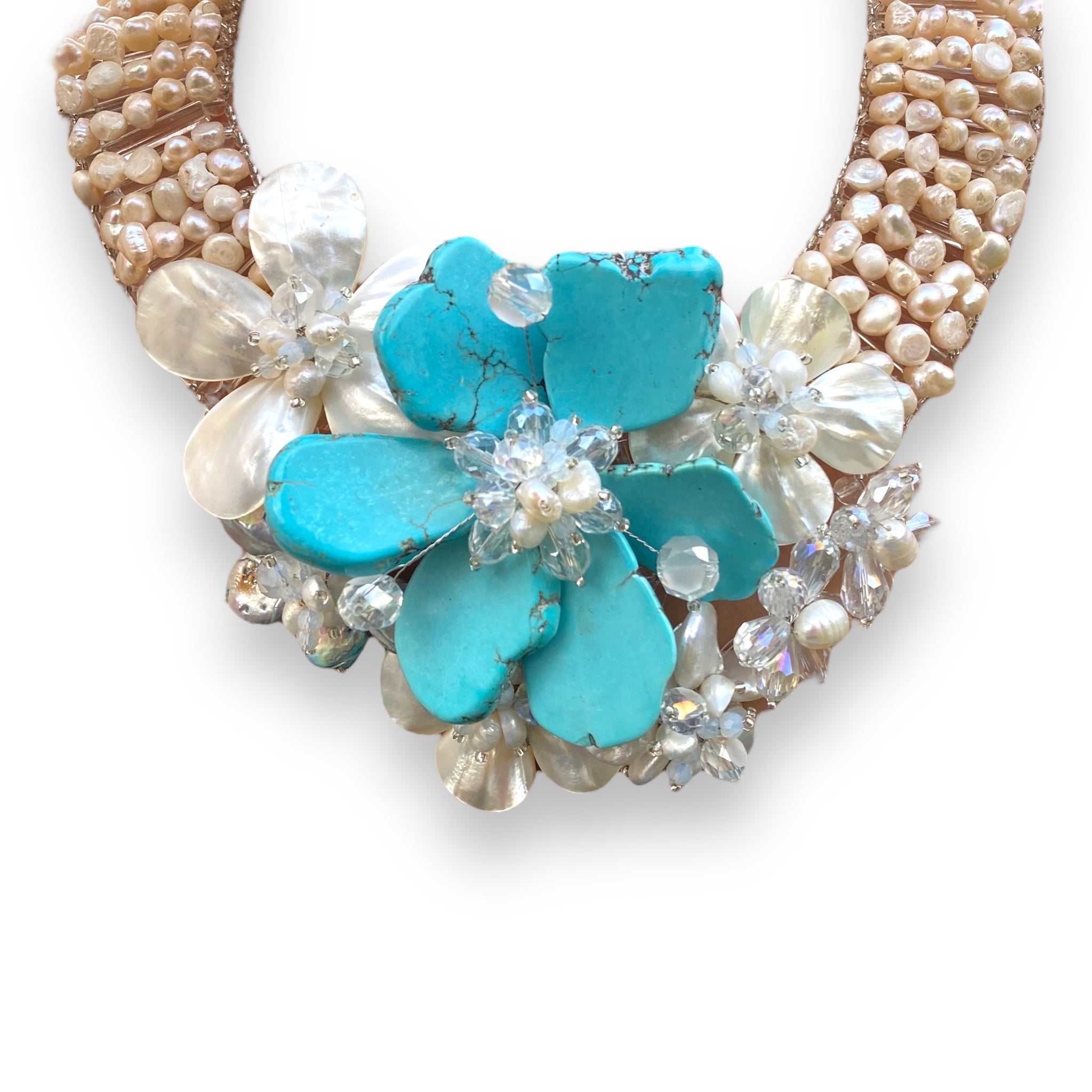 Handmade Pendant Necklace Spring Flowers 21" Turquoise Freshwater Pearls Bib Choker