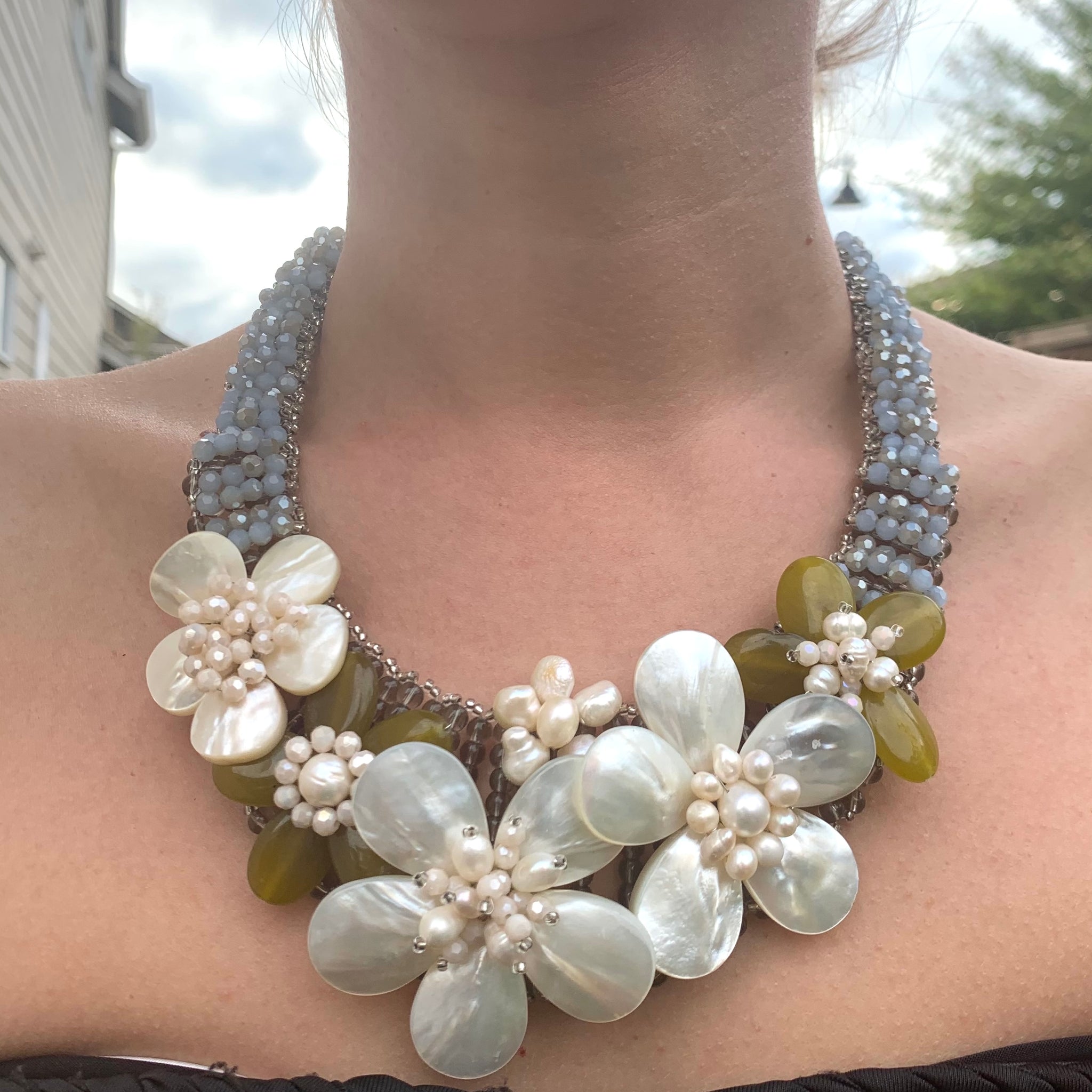 Handmade Necklace 20" Green Jade White Shells Unique Choker Jewelry