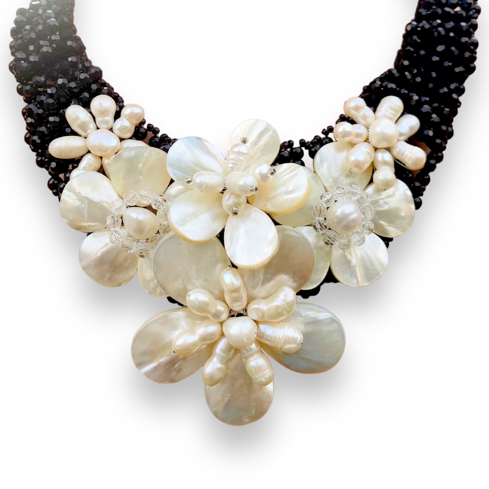 Handmade Luxury Necklace 20" Mother of Pearl Shells Cascading in Black Onyx Beads Choker