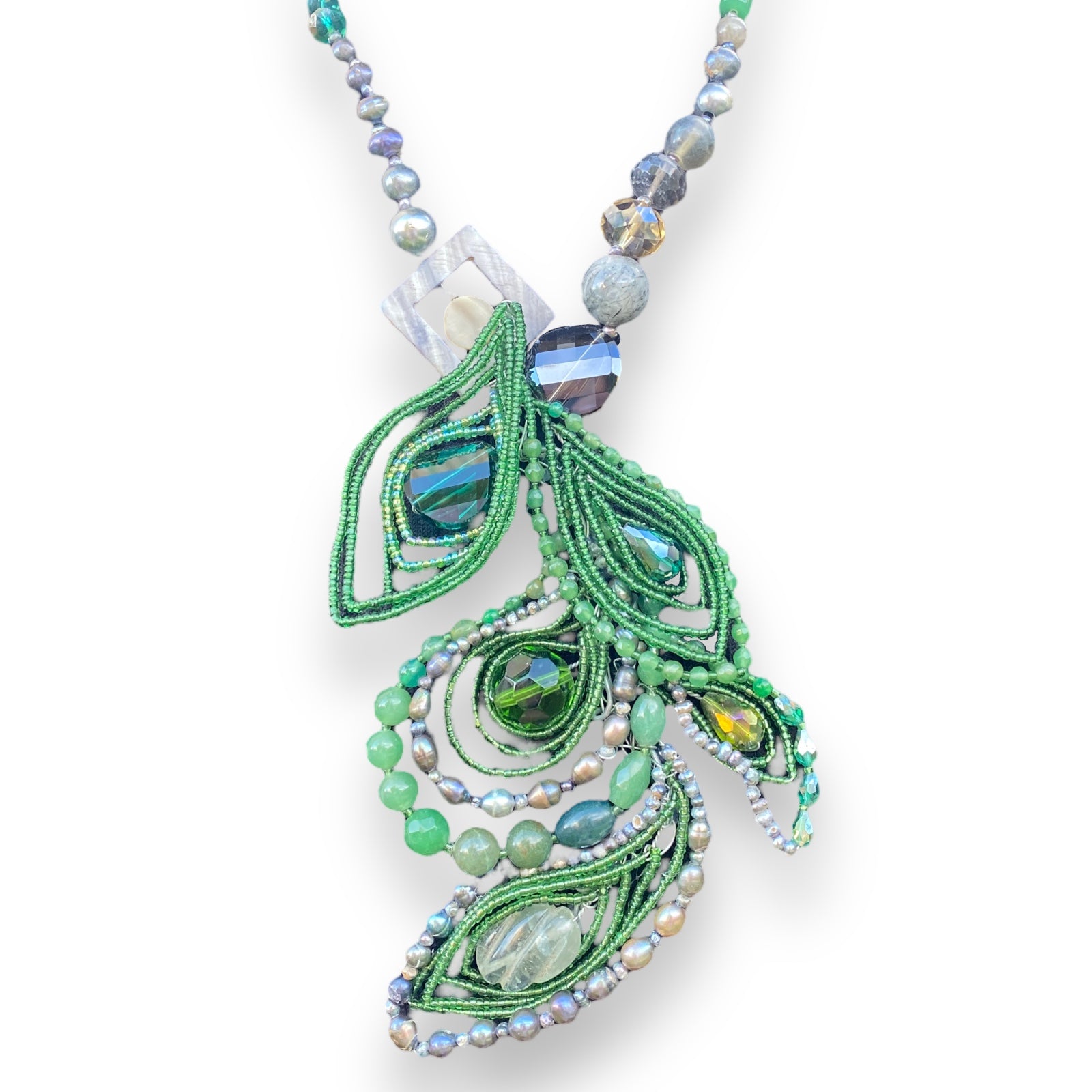 Handmade Matinee Necklace Peacock Inspired Green 19" Gemstone Jewelry