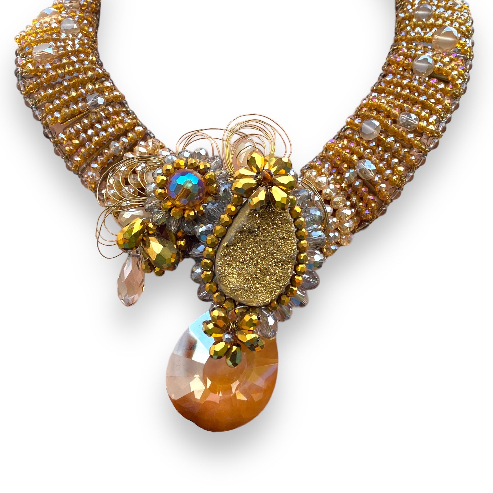 Handmade Necklace 20" Champagne Color Beads Unique Pendant Choker