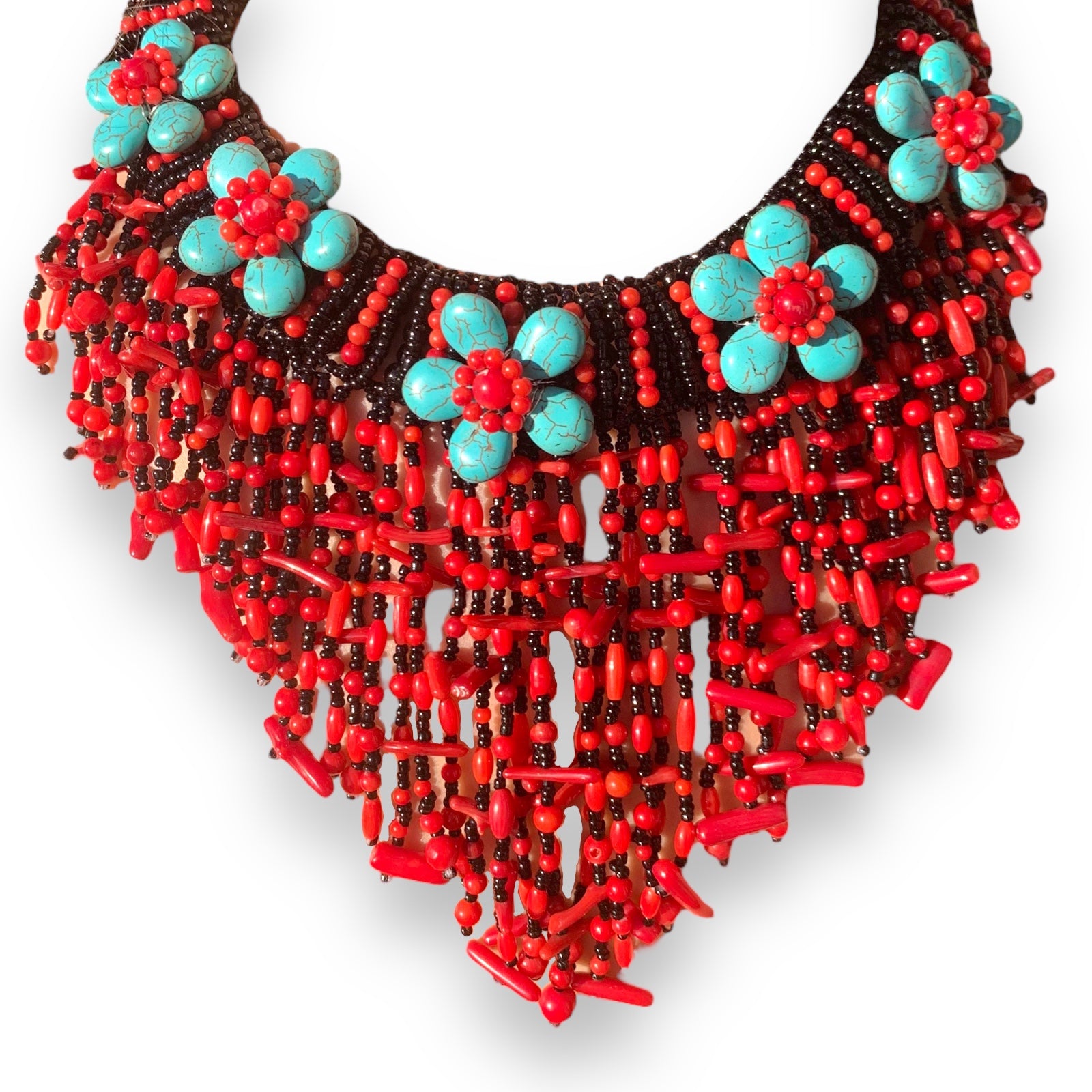 Handmade Drippy Branch Necklace 15" Waterfall Fringe Coral Turquoise Unique Jewelry