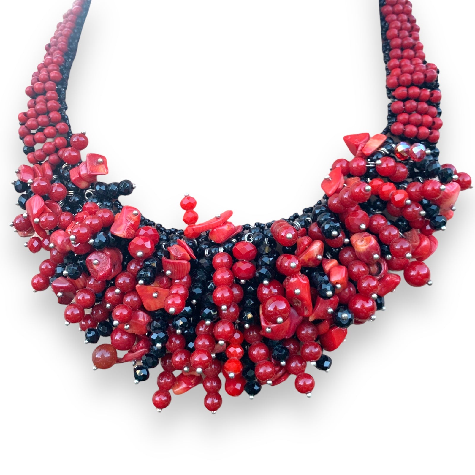 Handmade Collar Necklace 20" Black Red Plain Ball Dapper Cluster Beads Choker
