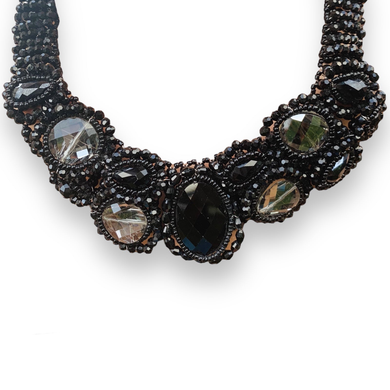 Handmade Necklace 20" Black Onyx Facet Cut Gemstone Bib Choker