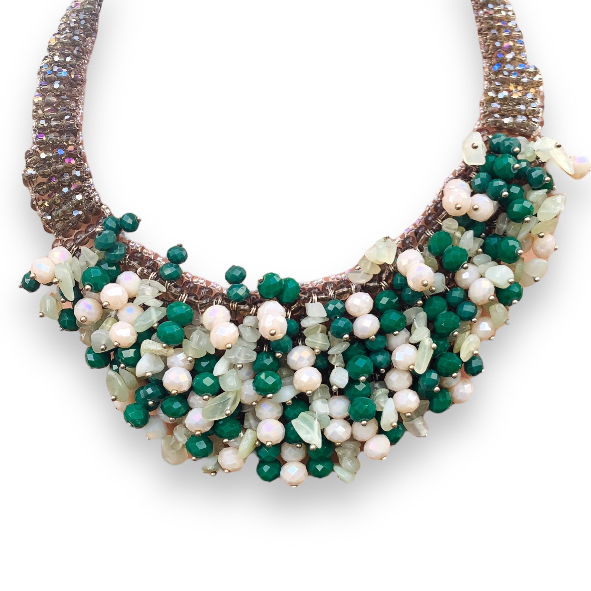 Handmade Choker Cluster 20" Pastel and Green Gem Beads Beads Bib Necklace