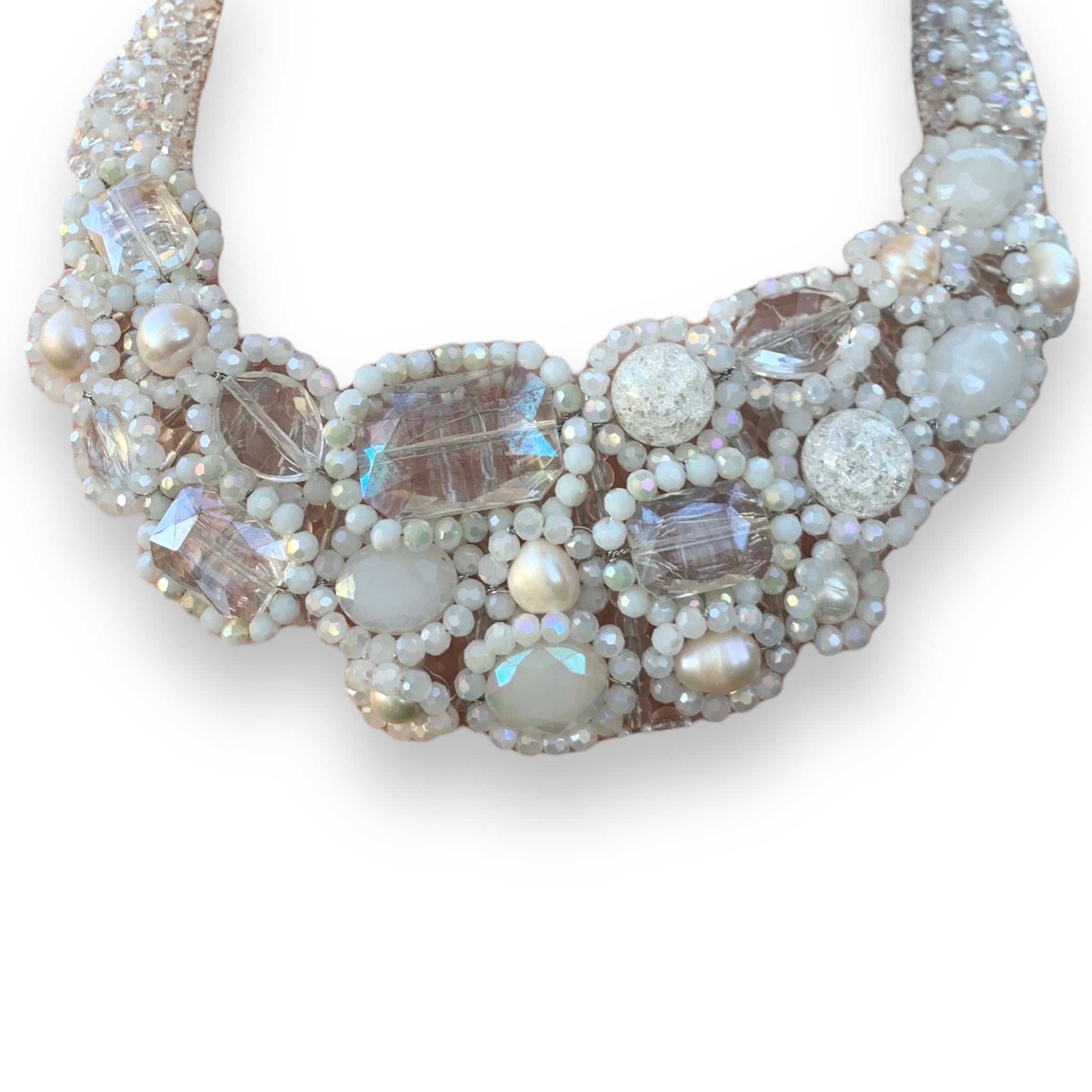 Handmade Boho Choker Pearls & Clear Gemstone 20"Beads Unique Necklace