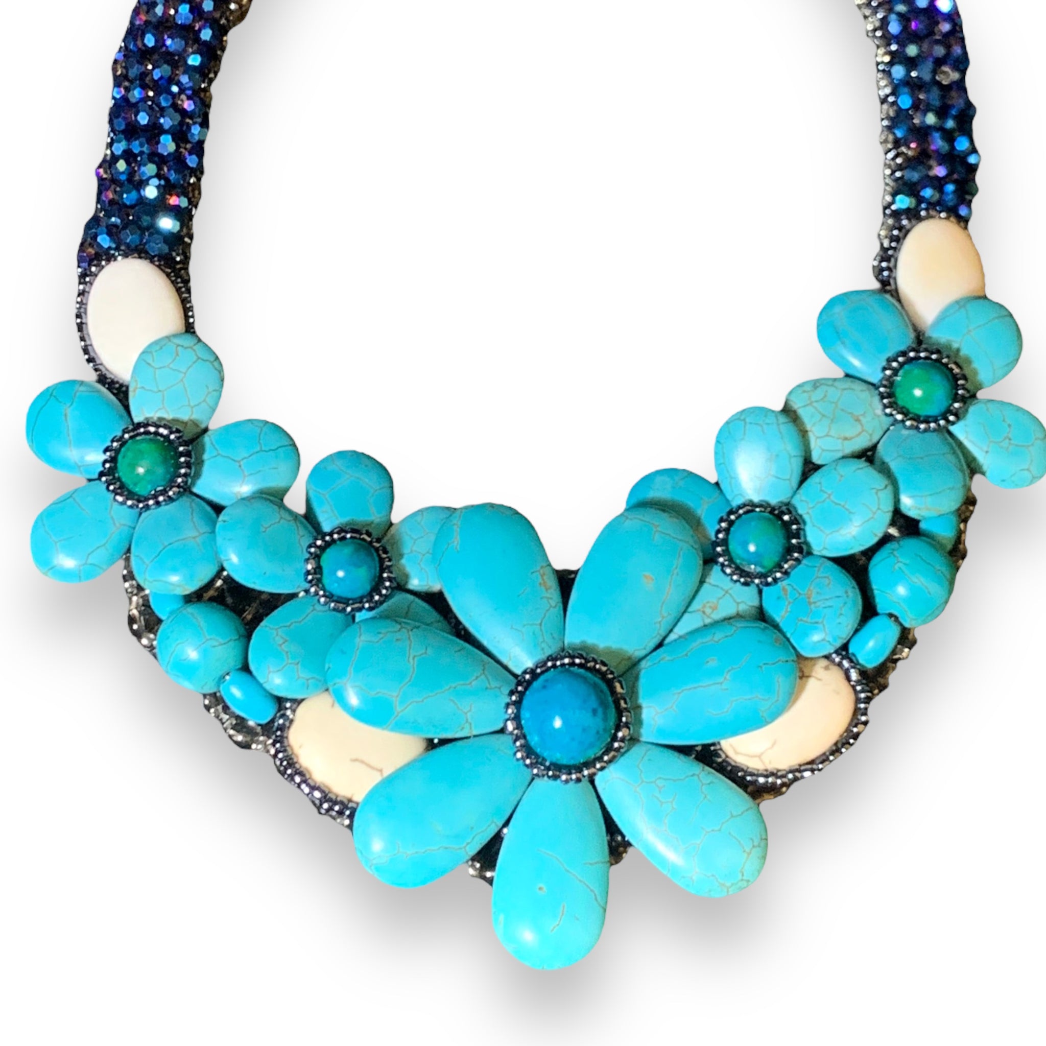 Handmade Choker 20" Fancy Turquoise & Hametite Beads Floral Bib Necklace