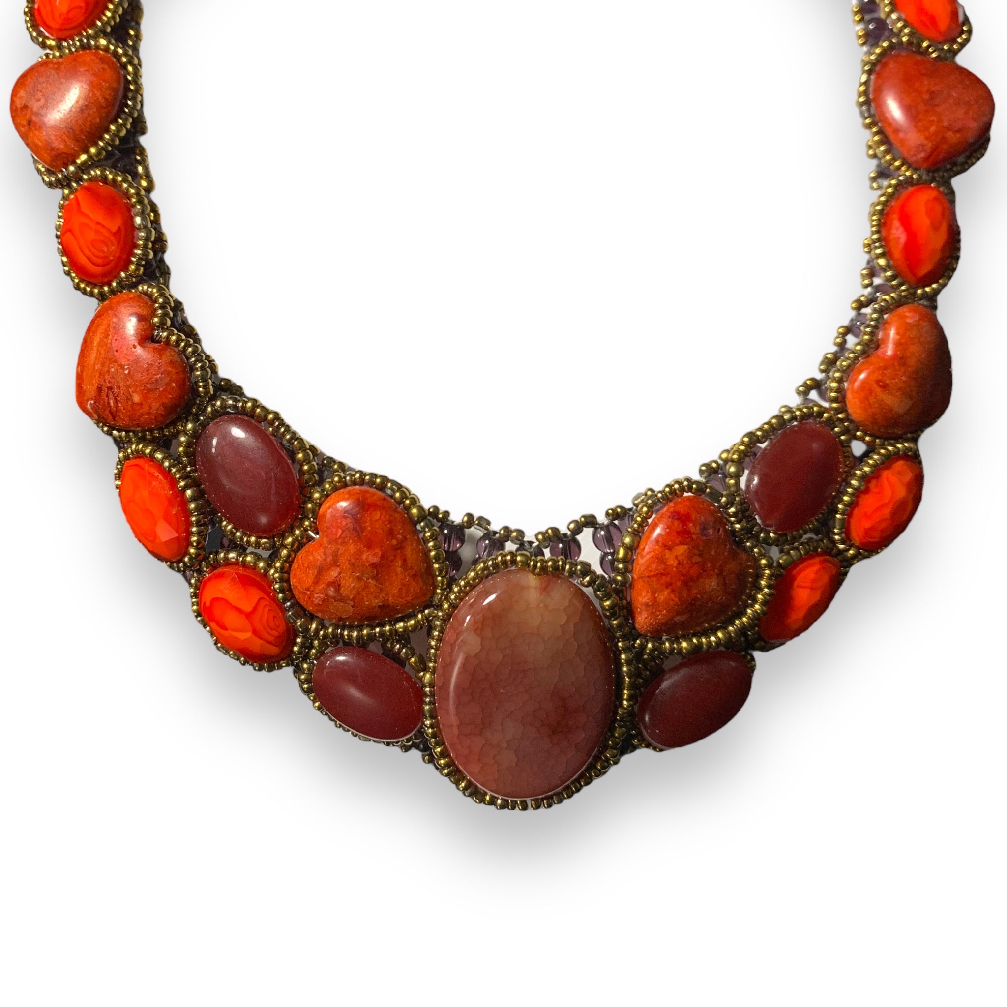 Handmade Choker 20" Unique Coral and Agate Statement Bib Necklace