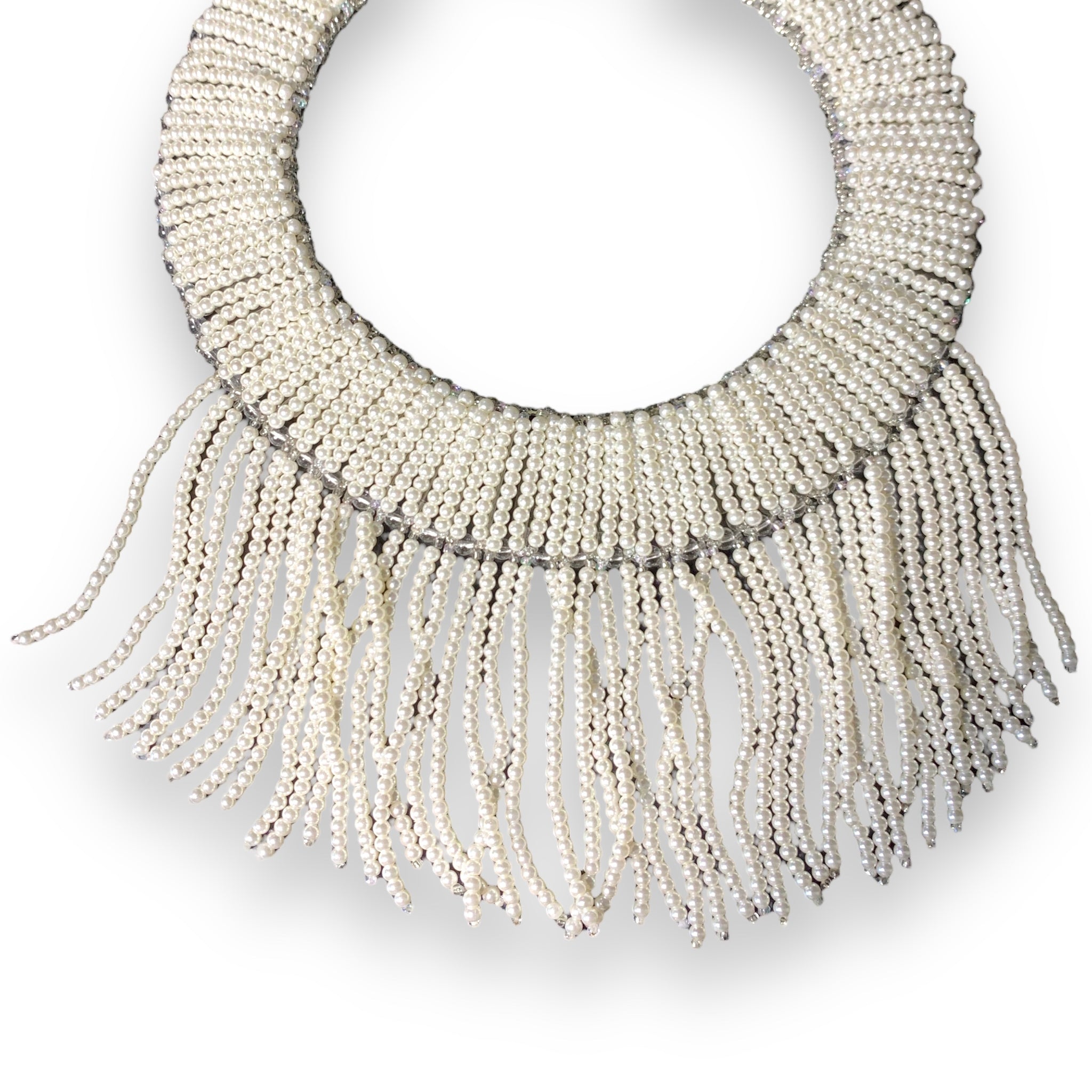 Handmade Choker Fringed Tassels White Pearl 19" Chic Bib Necklace