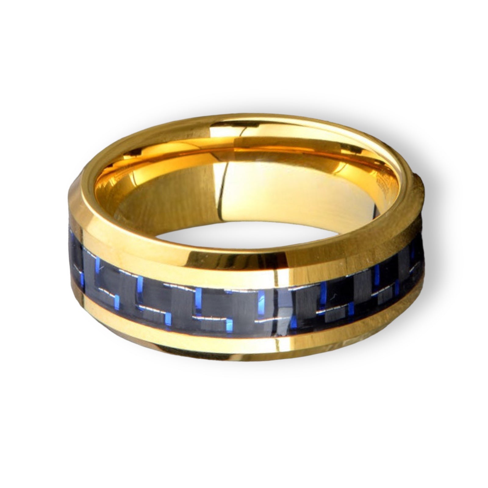 Tungsten Ring Yellow Gold Plated With Blue Carbon Fiber Inlay Beveled Edges Band