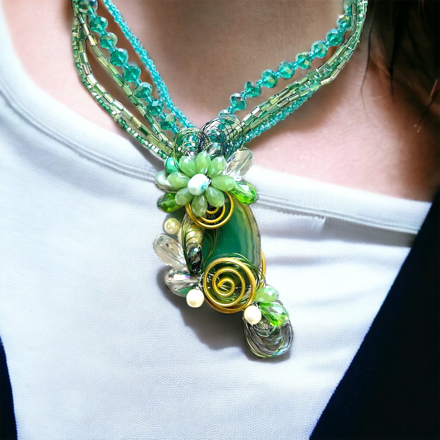 Handmade Matinee 20" Necklace with  Green Raw Gem Rock Pendant Pearl Choker
