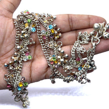 Multi Layered German Silver Anklet Pair with Colorful Stones and Sound Charms