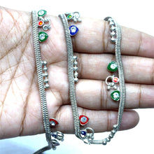 Classic German Silver with colorful Heart Charms and Tingling Bells Anklet Pair