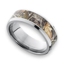 Tungsten Ring Forest Hunting Camo Yellow/Tan Inlay Beveled Edges Band