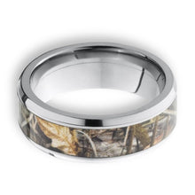 Tungsten Ring Forest Hunting Camo Yellow/Tan Inlay Beveled Edges Band