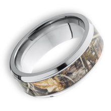 Tungsten Ring Forest Hunting Camo Yellow/Tan Inlay Beveled Edges Band