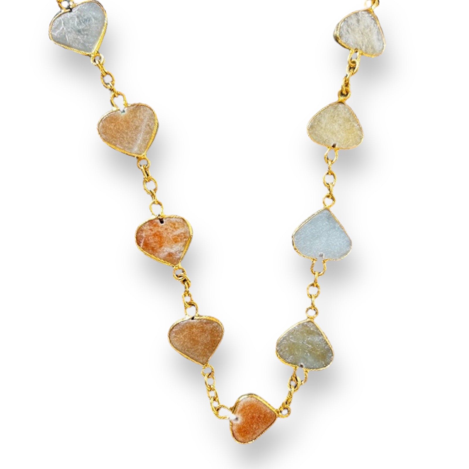 Natural Handmade Gemstone Station Necklace Semiprecious Flat Heart Cut Chain Jewelry