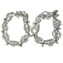 Traditional Multi-Layered German Silver Sound Bell Payal Anklet Set with Colorful Hearts and Engraved Motifs