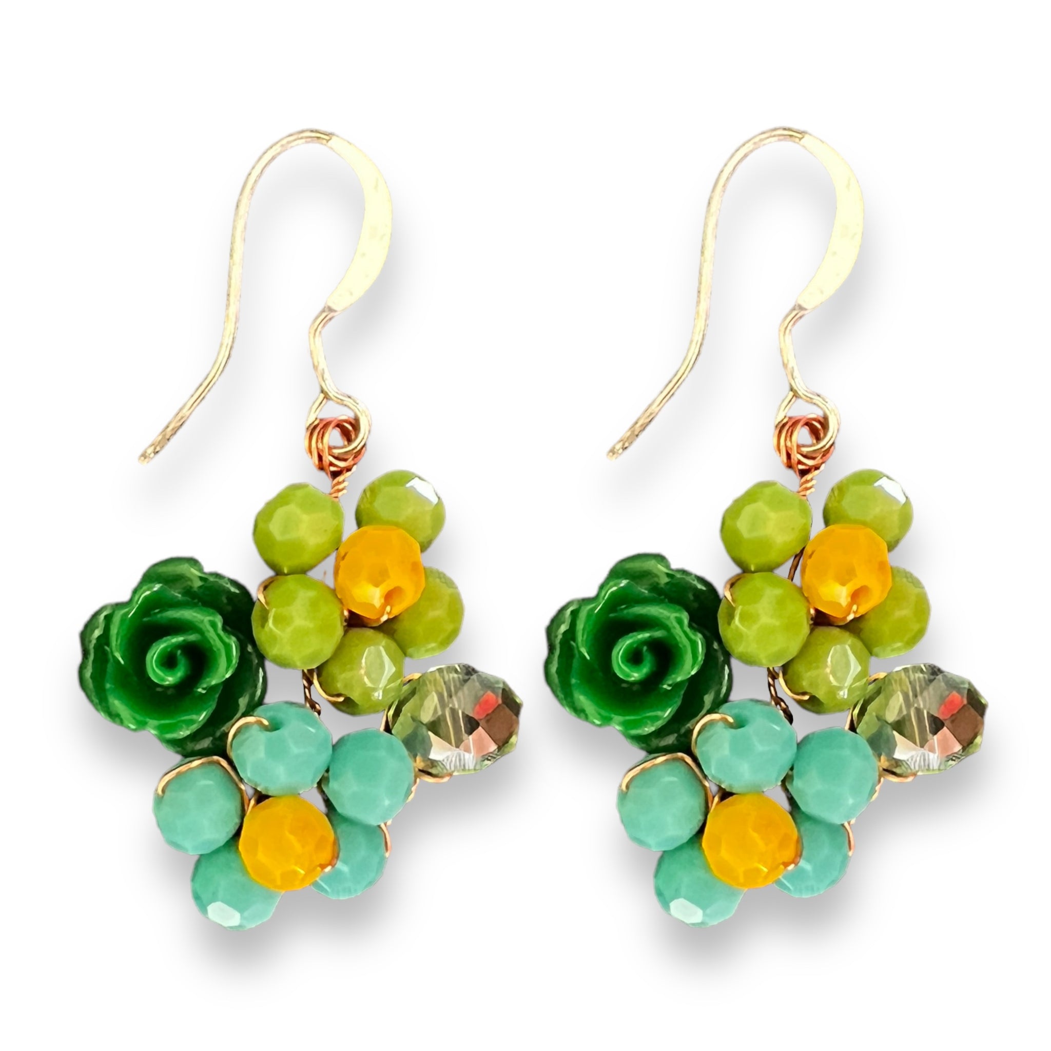 Handmade Earrings Floral Green Blue Beads Jewelry