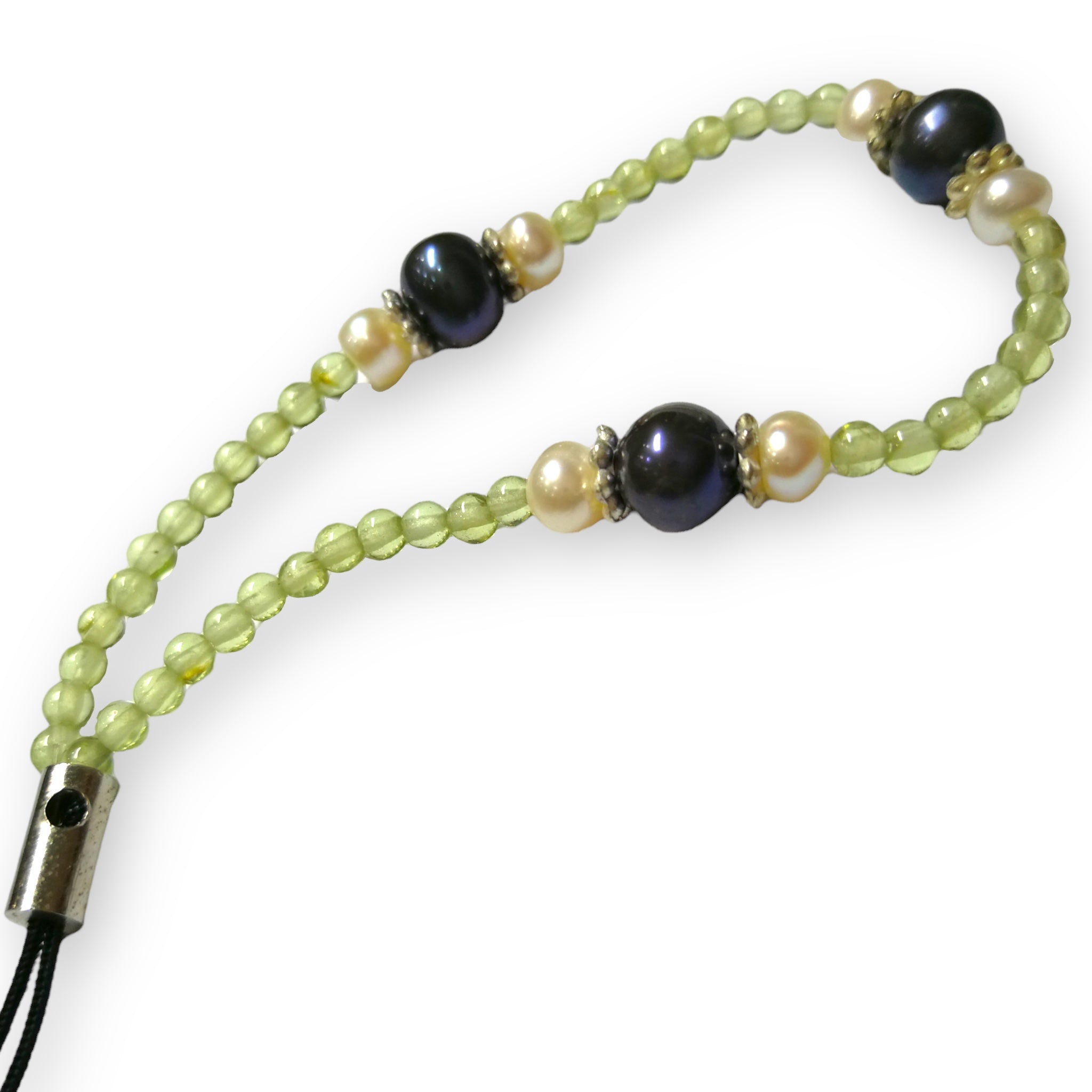 Handmade Mobile Strip  Peridot, Freshwater Black, White Pearls Natural Gemstone Phone Lanyard