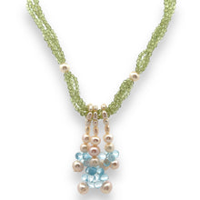 Natural Peridot with Blue Topaz Drops & Pearl Gemstone Necklace