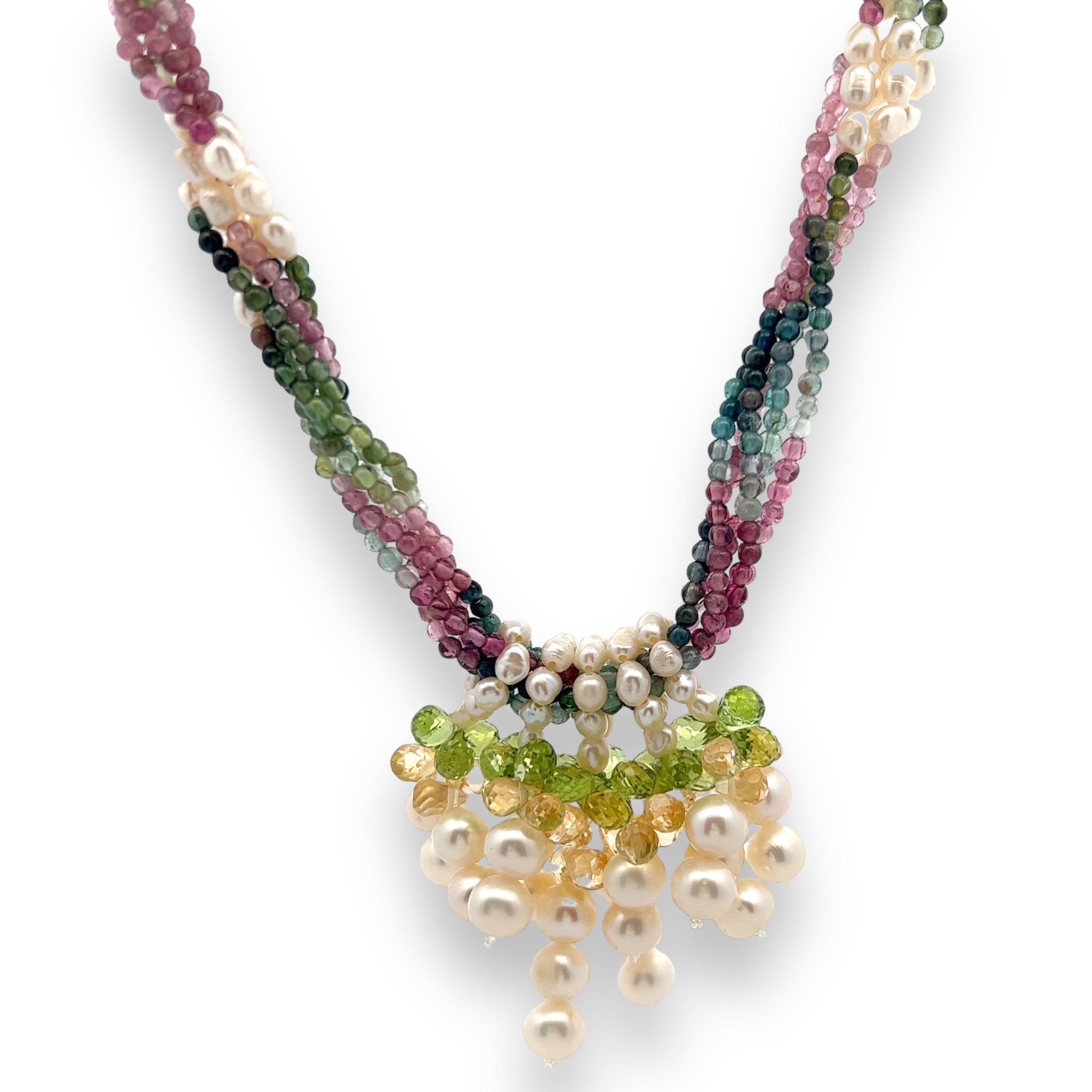 Natural Handmade Necklace 16"-18" Peridot, Tourmaline, Pearls, Citrine Gemstone Beads Jewellery
