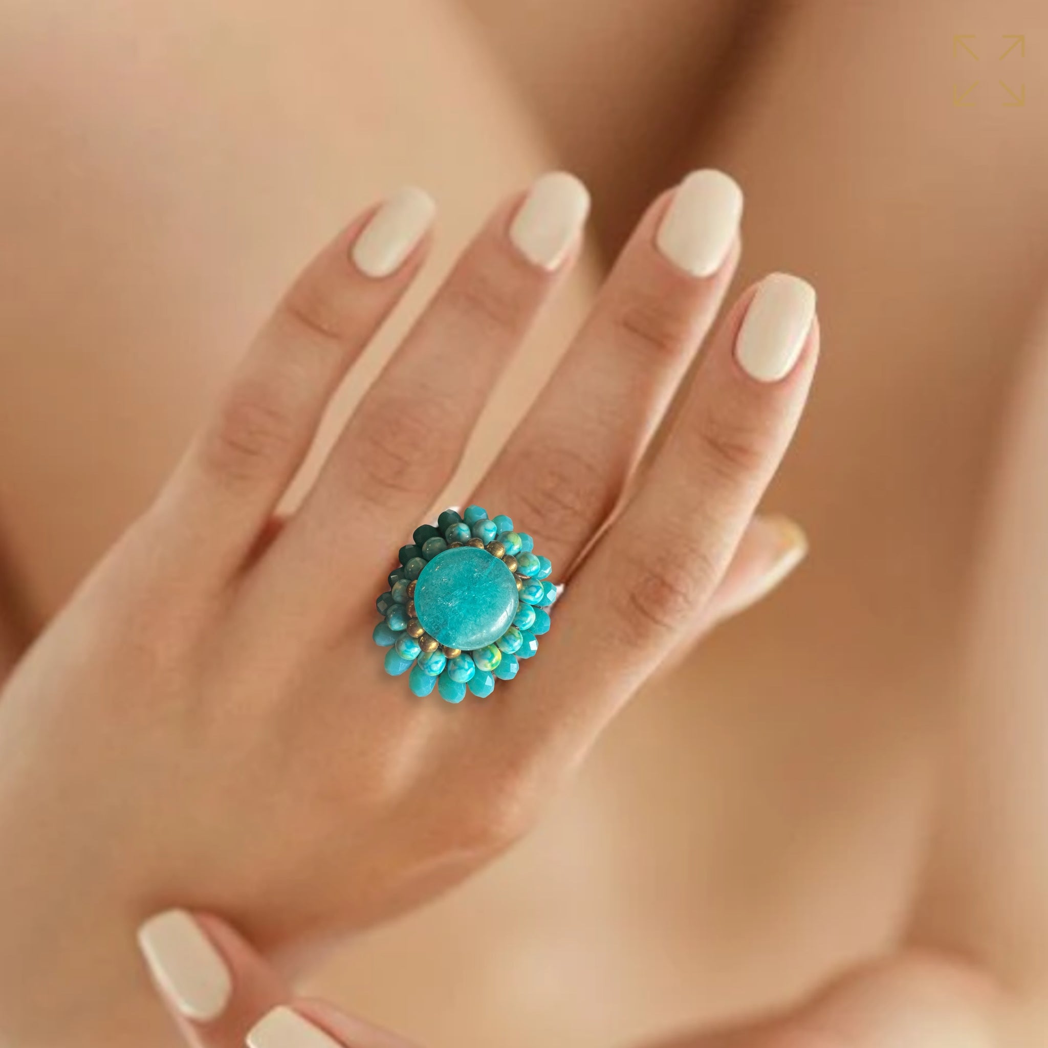 Handmade Ring Turquoise Round Gemstone Woven Wax Cord Adjustable Jewelry