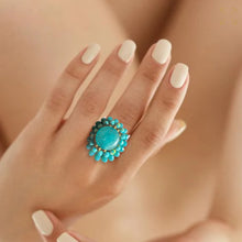 Handmade Ring Turquoise Round Gemstone Woven Wax Cord Adjustable Jewelry