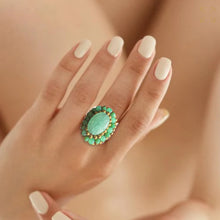 Handmade Ring Green Bead Oval Gemstone Woven Wax Cord Adjustable Jewelry