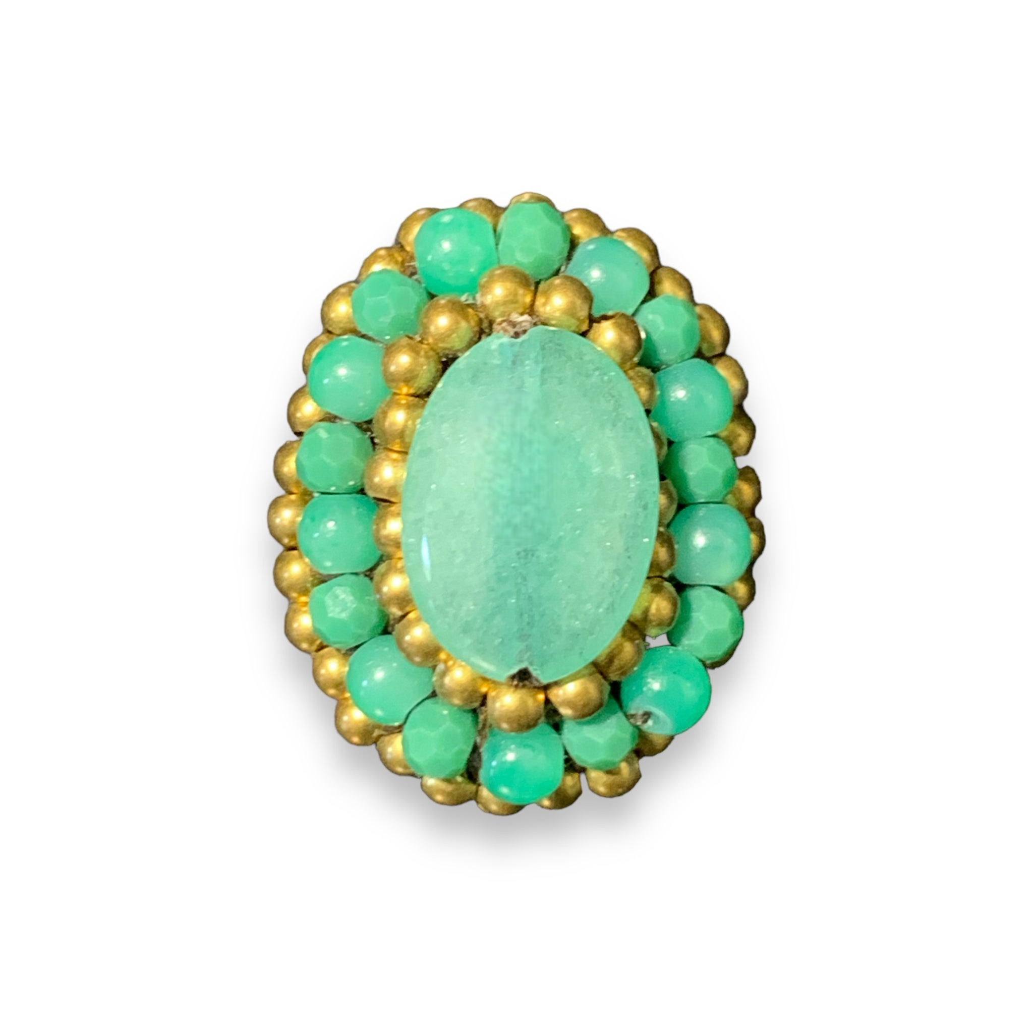 Handmade Ring Green Bead Oval Gemstone Woven Wax Cord Adjustable Jewelry