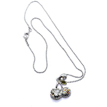 Double Cherry Pendant Beaded Chain 15” Necklace with White Rhinestones – Fun Statement Jewelry