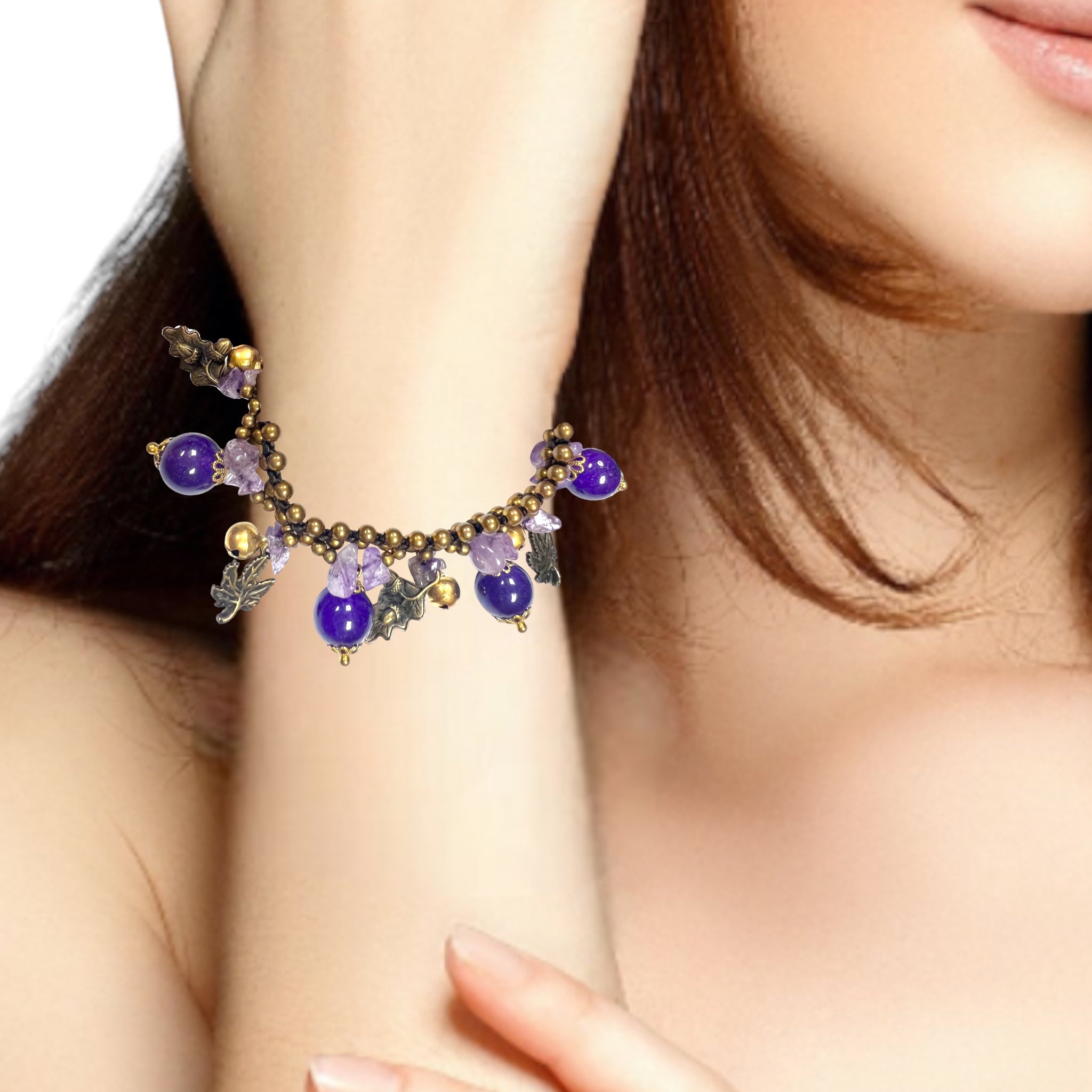 Handmade Bracelet Amethyst Leaves Bells Charms Beaded 8 Inch Jewelry