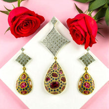 18K White Yellow Dual Gold Pendant Earring with Pink Tourmaline Sapphire Natural Diamond Drop Embedded Gemstone Jewellery Set