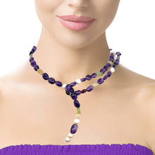 Natural Amethyst Peridot Citrine Tourmaline Pearl Layered Semiprecious Necklace