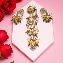 18K Yellow Gold Pendant Earring with Diamond Natural & Rhodolite Jewellery Set