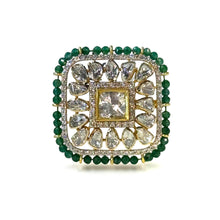 14K Yellow Gold Diamond Polki Emerald Ring – Mughal-Era Aesthetic with Precious Gemstone Accents - JEWELNJOY