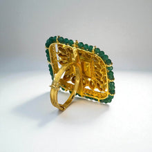 14K Yellow Gold Diamond Polki Emerald Ring – Mughal-Era Aesthetic with Precious Gemstone Accents - JEWELNJOY