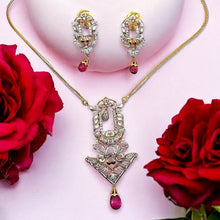 18K Gold Necklace Earring Bridal Jewelry Set Two-Tone Chain with Natural Rubellite Drops & Diamond - JEWELNJOY