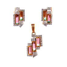 18K Yellow White Gold Pendant Earring Set with Natural Diamond & Bio Color Tourmaline Jewellery
