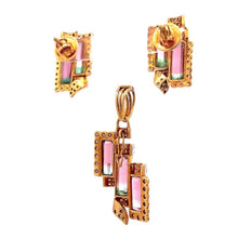 18K Yellow White Gold Pendant Earring Set with Natural Diamond & Bio Color Tourmaline Jewellery