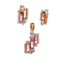 18K Yellow White Gold Pendant Earring Set with Natural Diamond & Bio Color Tourmaline Jewellery