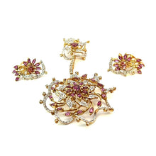18K Yellow White Gold Pendant Earring Set with Natural Diamond & Rhodolite Jewellery
