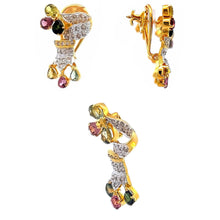 18K Two Tone Gold Natural Diamond & Multi Sapphire Pendant Earring Set Jewelry