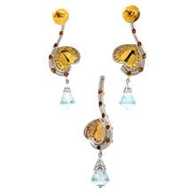 18K Two Tone Gold Pendant Earring Set With Natural Diamond & Blue Topaz Drop Heart Jewelry