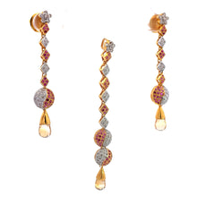 18K Two Tone Gold Pendant Earring Set With Natural Diamond, Ruby & Citrine Drop Gemstone Jewelry