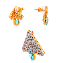 18K Two Tone Gold Natural Diamond & Swiss Blue Topaz Pendant Earring Set Jewelry