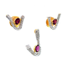 18K Two Tone Gold Pendant Earring Set with Natural Diamond & Rhodolite Horseshoe Design Jewelry