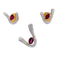 18K Two Tone Gold with Natural Diamond & Rhodolite Pendant Earring Set Jewellery